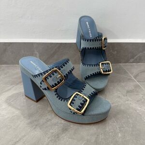 NWOT Women’s Marc Fisher Dalen Block Heel Slip On Denim Buckle Sandals Size 10